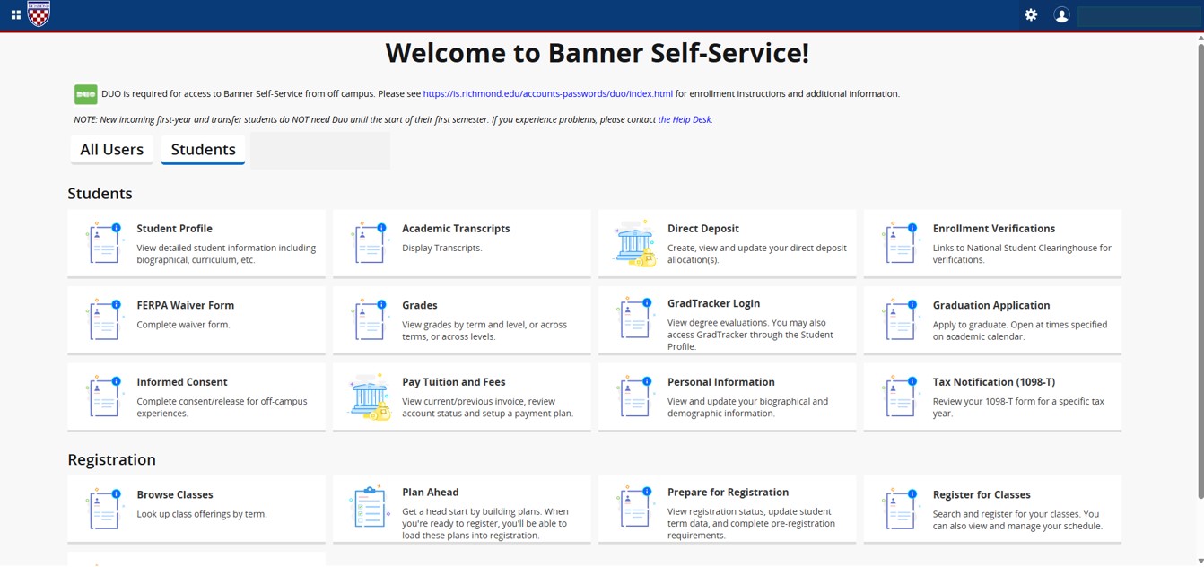 screenshot of student view in upgraded bannerweb